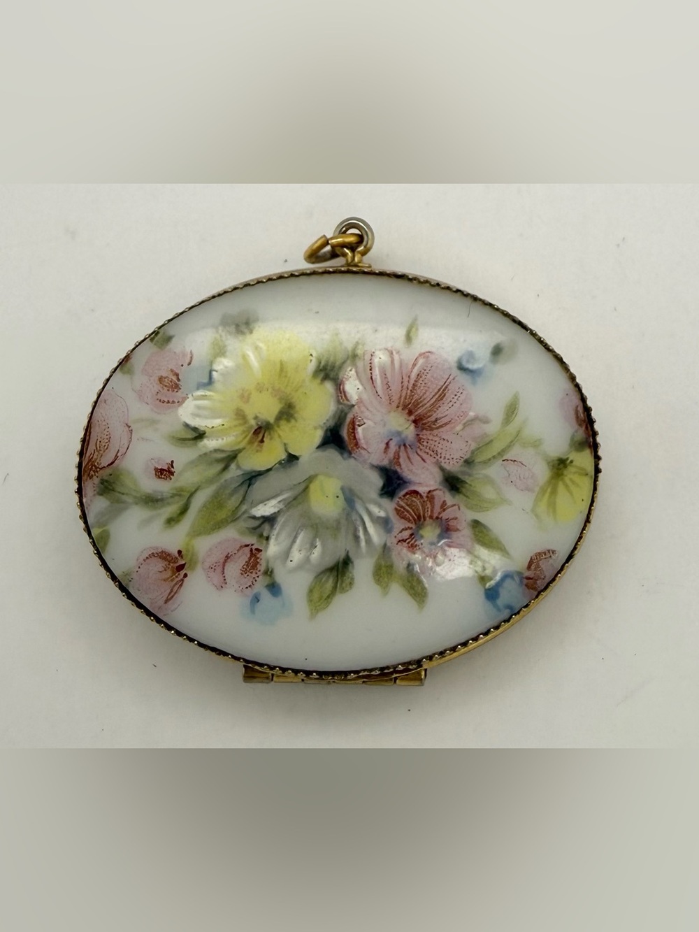 LARGE Vintage Victorian Limoges Style Painted Floral Porcelain Locket Necklace